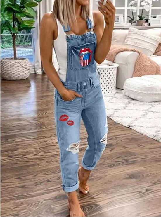 xiangtuibao Suspender Trousers for Women HOTan and NEWn New Wish Hot Sale Hot-Selling Floral-Print Washed Jeans