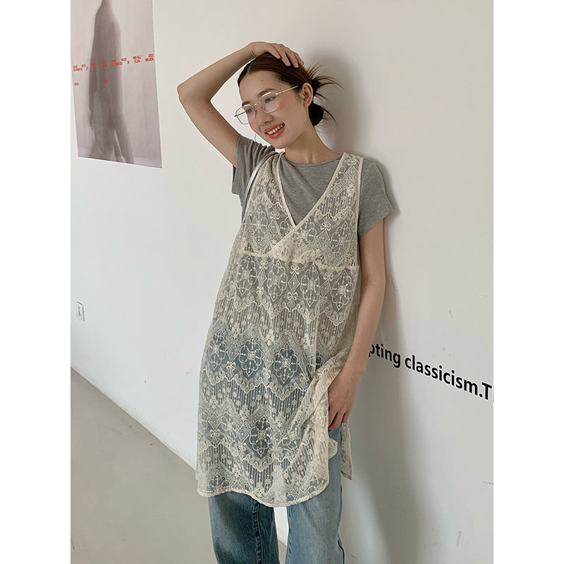 2025 THE MIND lace hollow blouse 2025 summer new design sense niche stacking suspender skirt 020AX