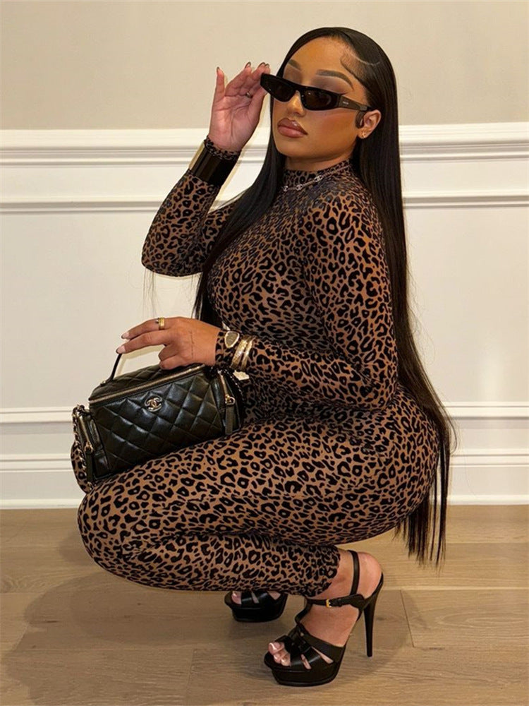 popular autumn new New fashion versatile elastic slim sexy spice leopard print long-sleeved jumpsuit women