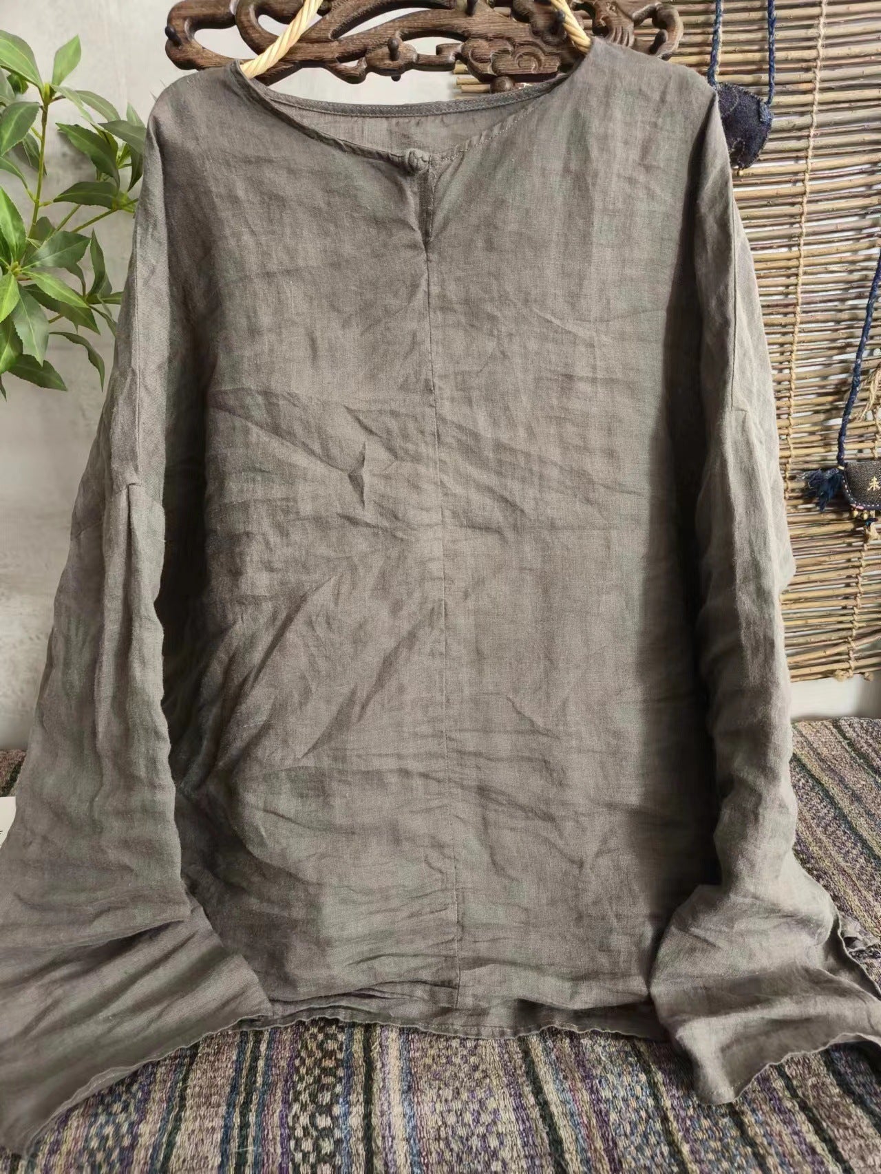 2025 22/12 Winter Solstice/Early Spring Simple Literary Thick Ramie Pullover Solid Color Shoulder Shirt