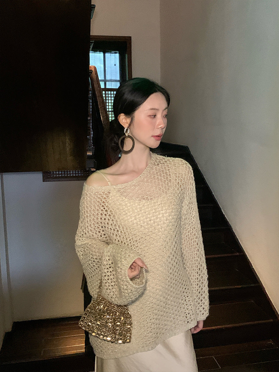 2025 popular autumn loose long-sleeved hollow knitted sweater women's top oversize sweater 25064