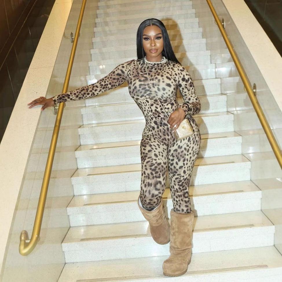 Autumn and winter new New leopard print wild slim sexy elastic fashion long-sleeved short top trousers set