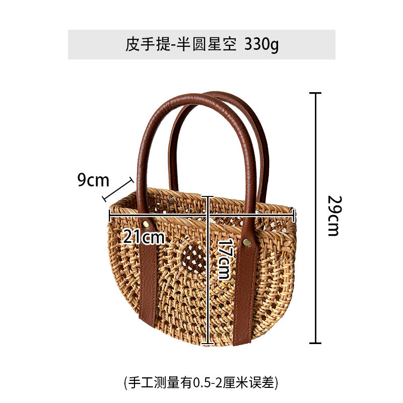 XIANGTUIBAO Vacation Style Handmade Pastoral Style Cabas Storage Picnic Travel Baskets Hand-Woven Rattan Handbag