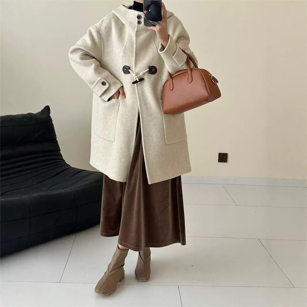 2025 Hooded single-row two-grain horn buckle shoulder sleeves solid color wool double-sided cashmere coat woolen jacket versatile autumn and winter