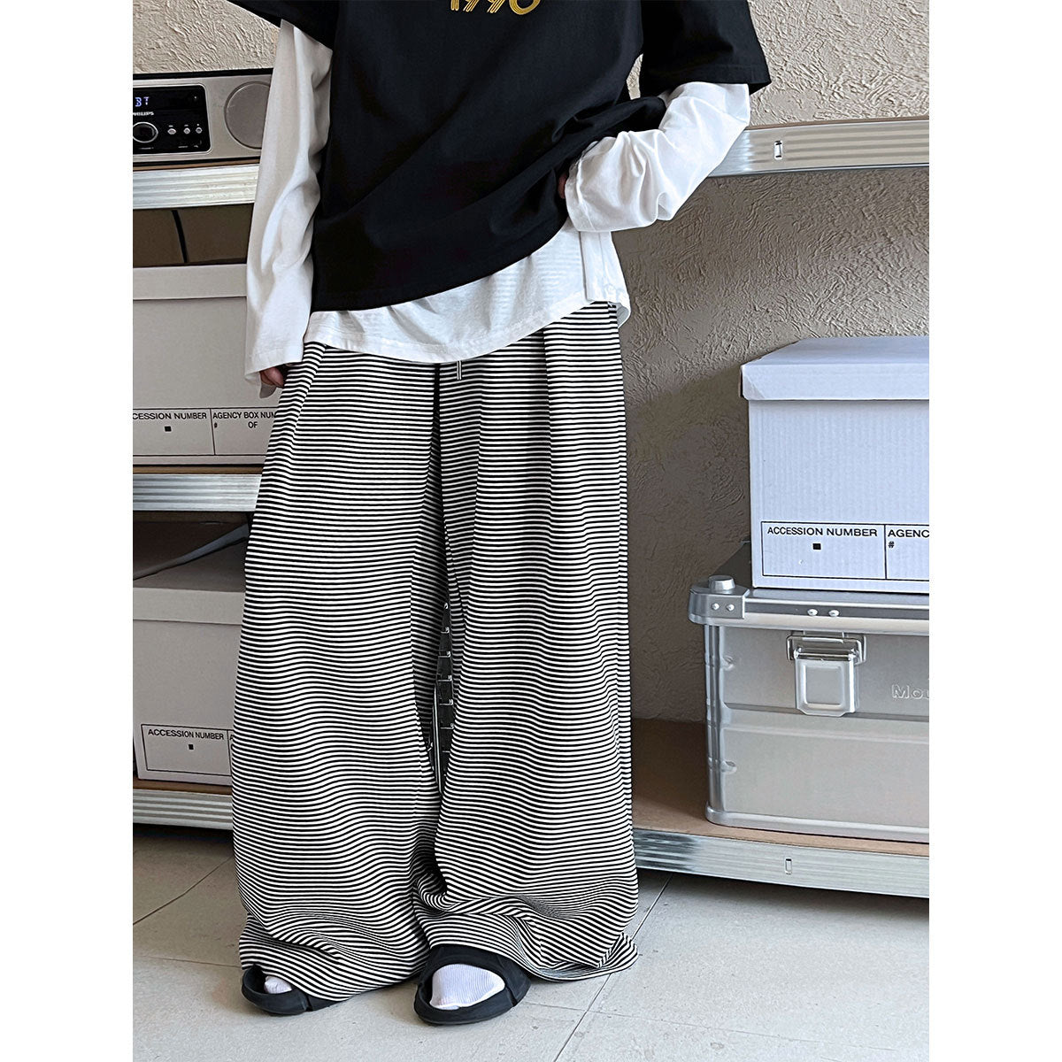 Luxi, striped wide-leg pants women's spring and summer new loose casual sweatpants straight-leg pants drawstring sports trousers 2631