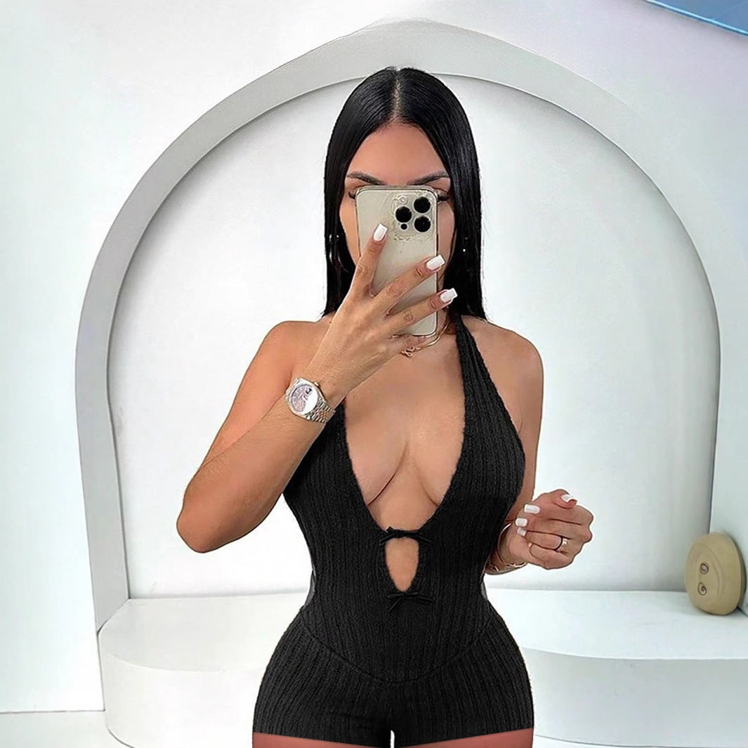 Autumn and winter new New Popular trade solid color neck halter slim sexy Spice Girls shorts jumpsuit jumpsuit