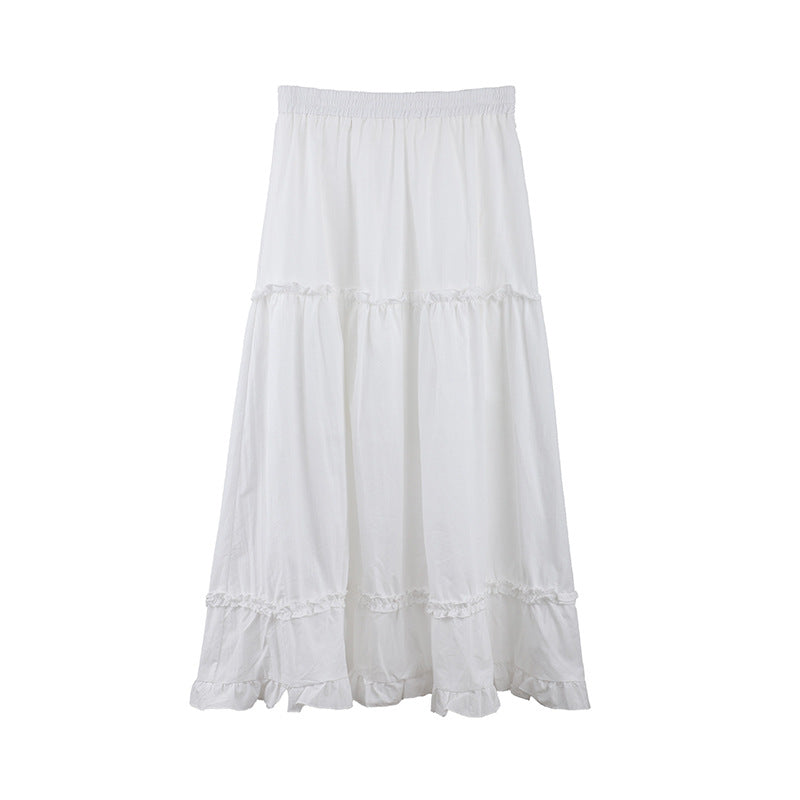 2025 THE MIND fungus lace white big swing skirt 2025 summer new elastic waist versatile A-shaped skirt 002AX