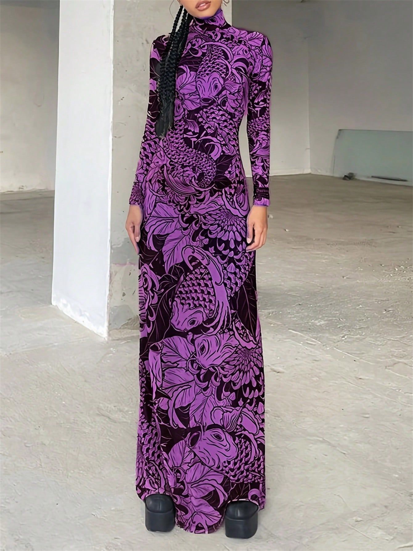 New women's clothing autumn new fashion mesh printing perspective turtleneck slim and thin dress women