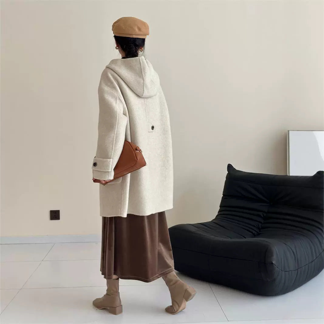 2025 Hooded single-row two-grain horn buckle shoulder sleeves solid color wool double-sided cashmere coat woolen jacket versatile autumn and winter