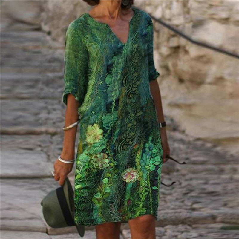 XIANGTUIBAO popular New pullover medium and long dress printing literary loose waist temperament commuter blue medium and long dress