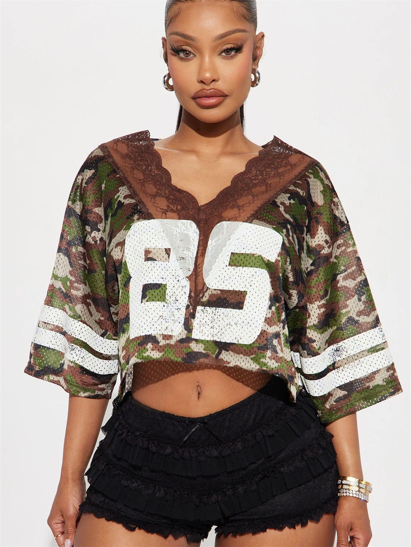 popular summer New printing V-neck lace sexy loose short T-shirt short-sleeved casual top women