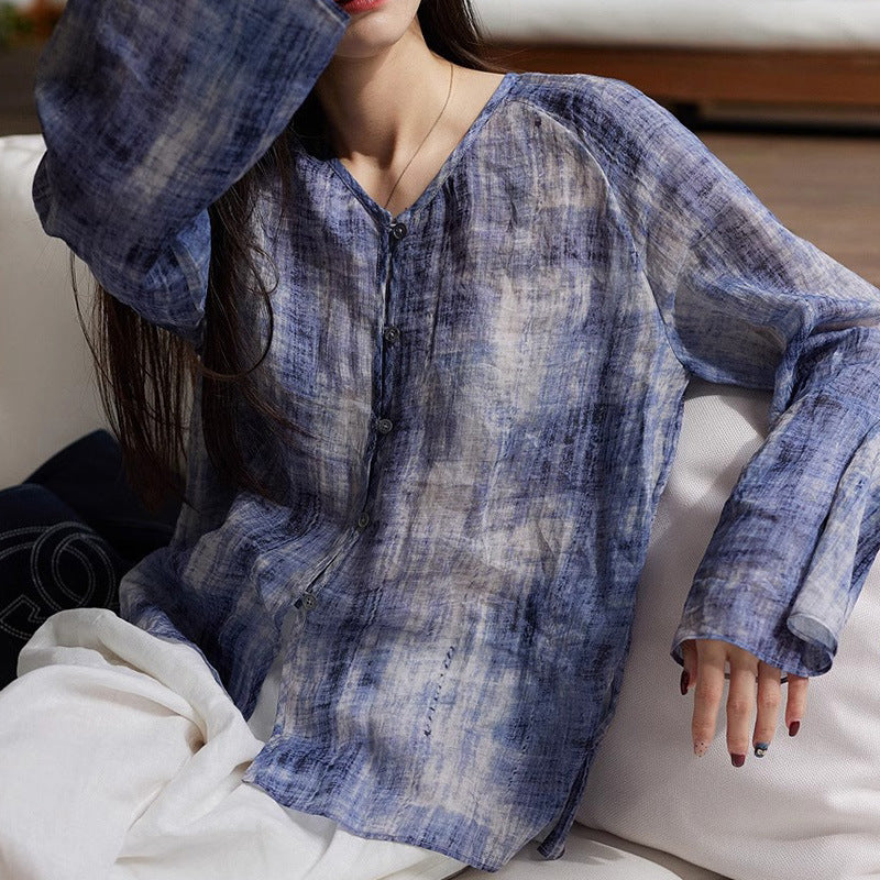 2025 100% ramie smudged small lining new Chinese casual shirt spring and summer printed shirt national style women's top