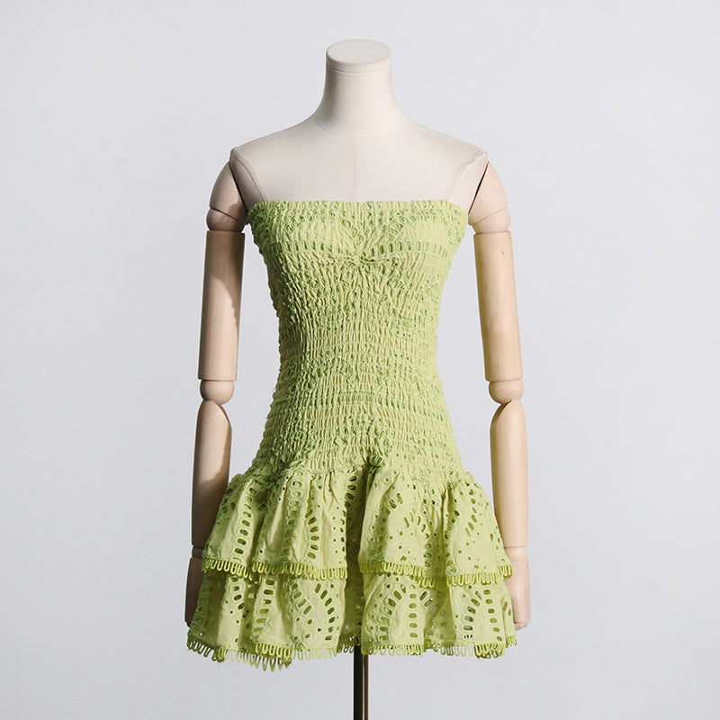 2025 Summer New European and American Sexy Hot Girl Style Elastic Waist Tube Top Embroidered Ruffled Short Dress Women