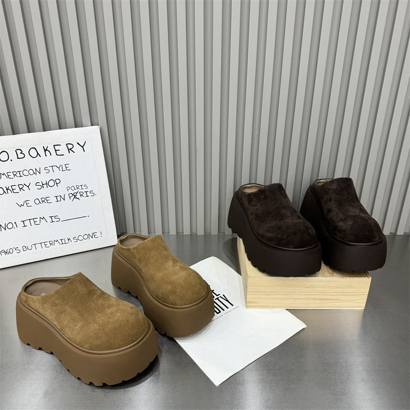 2025 2025 big head thick-soled half slippers women's popular new bag head drag heightening lazy matte muffin shoes