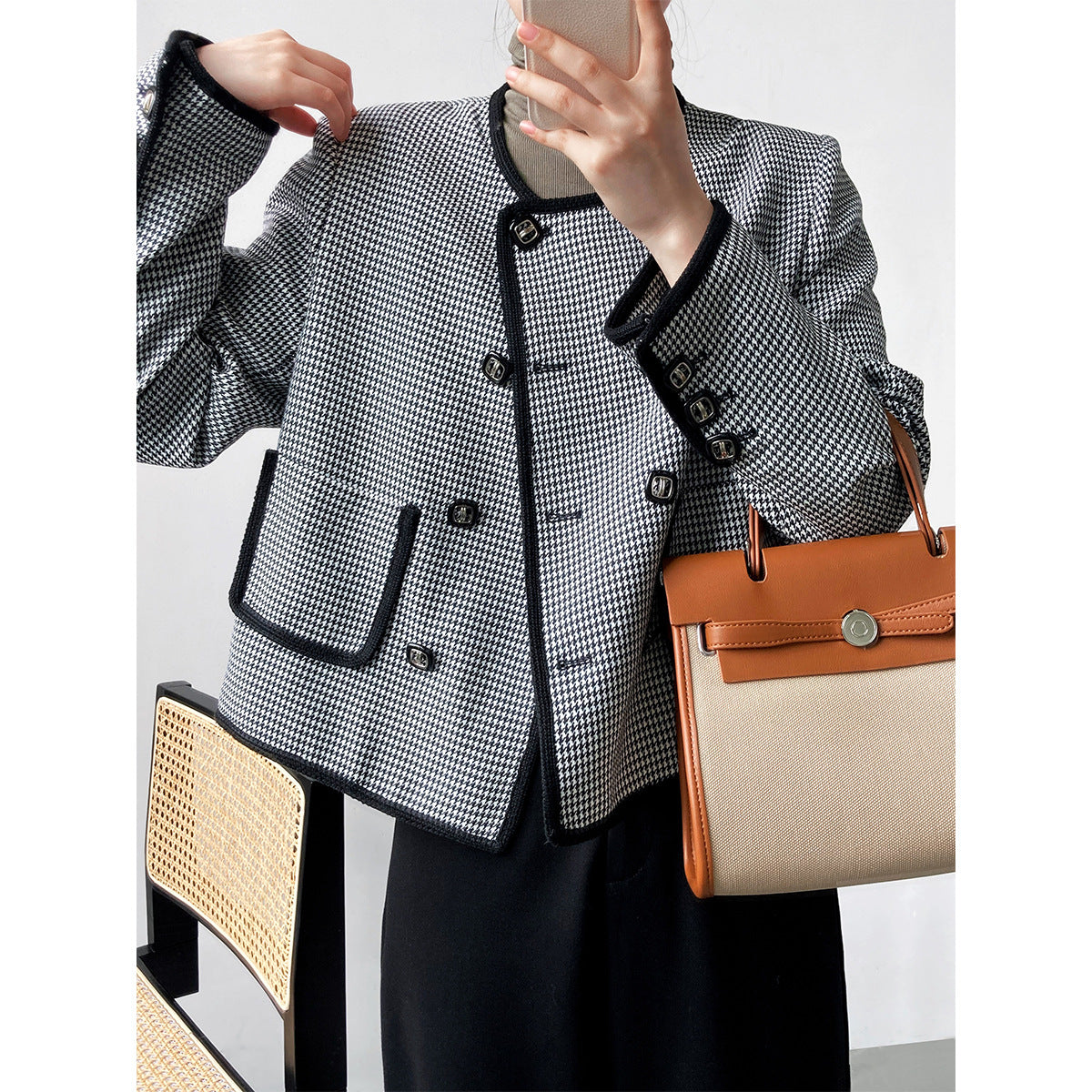 Luxi autumn new high-end celebrity double-breasted thousand bird grid short small fragrant coat female 3789