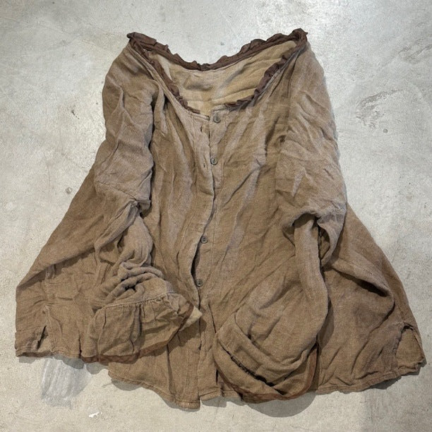 2025 24/4 SN41 literary and retro long-sleeved linen cotton smoked color craft fried old contrasting color lace neck cardigan shirt