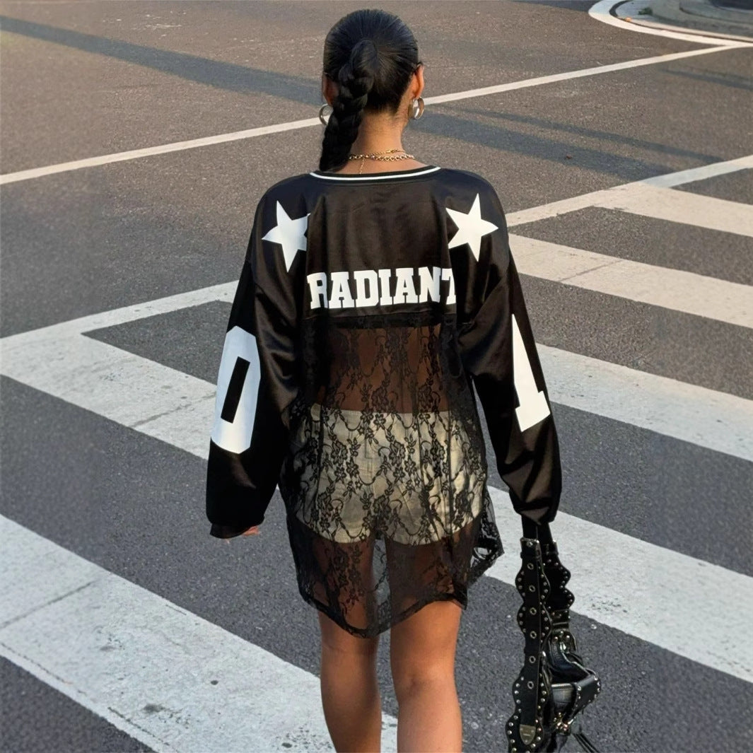 Popular, and summer new women's clothing New Popular trade personalized trend wind printing lace perspective V-neck sweater