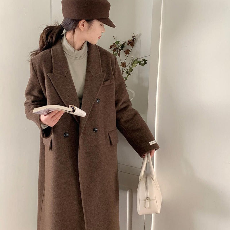 2025 Double-breasted flap Korean extended suit collar double-sided wool coat temperament popular autumn and winter woolen coat women