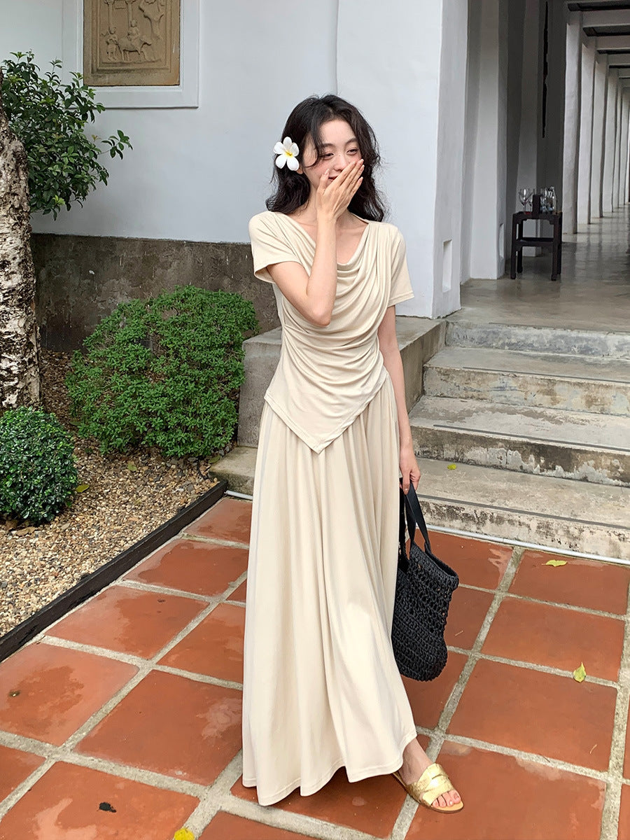 2025 spring and summer temperament knitted swing collar short sleeves + high waist skirt two-piece suit female 89261
