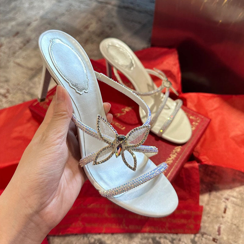 XIANGTUIBAO RC Rhinestone Sandals Spring New Stiletto Heel Fairy Style Open Toe Slippers Women's Bow Cross Strap High Heels