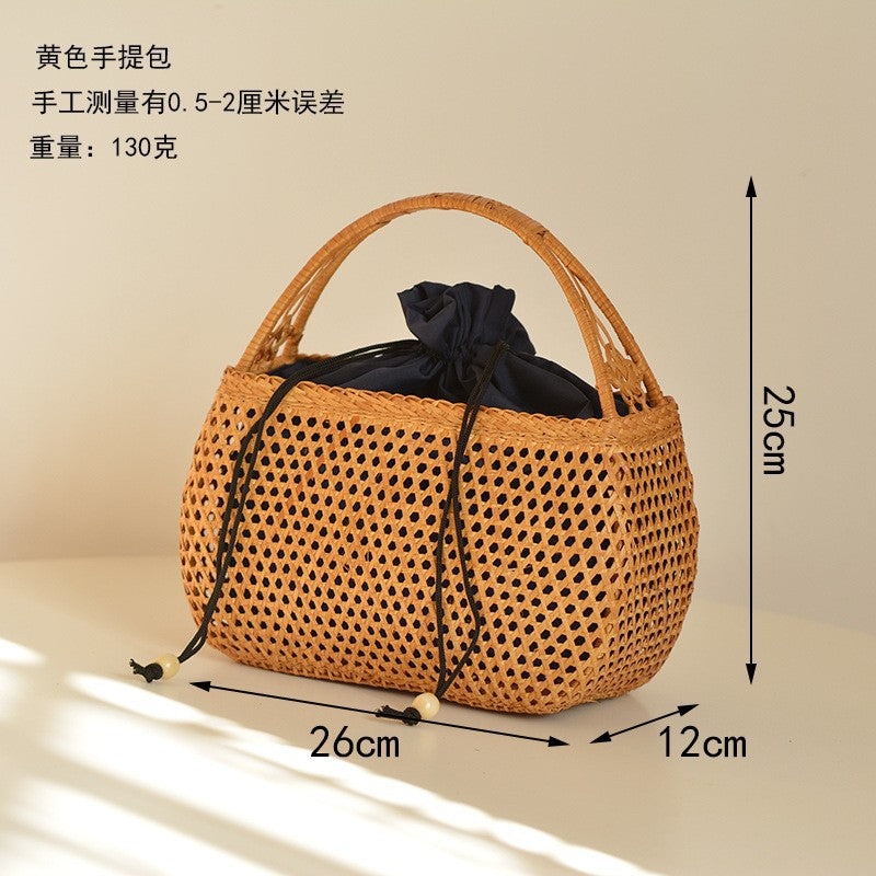 XIANGTUIBAO Vacation Style Handmade Pastoral Style Cabas Storage Picnic Travel Baskets Hand-Woven Rattan Handbag