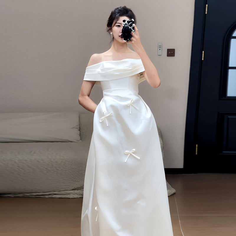 2025 satin light wedding dress bride engagement certificate registration one-word shoulder dress simple daily bow small white dress