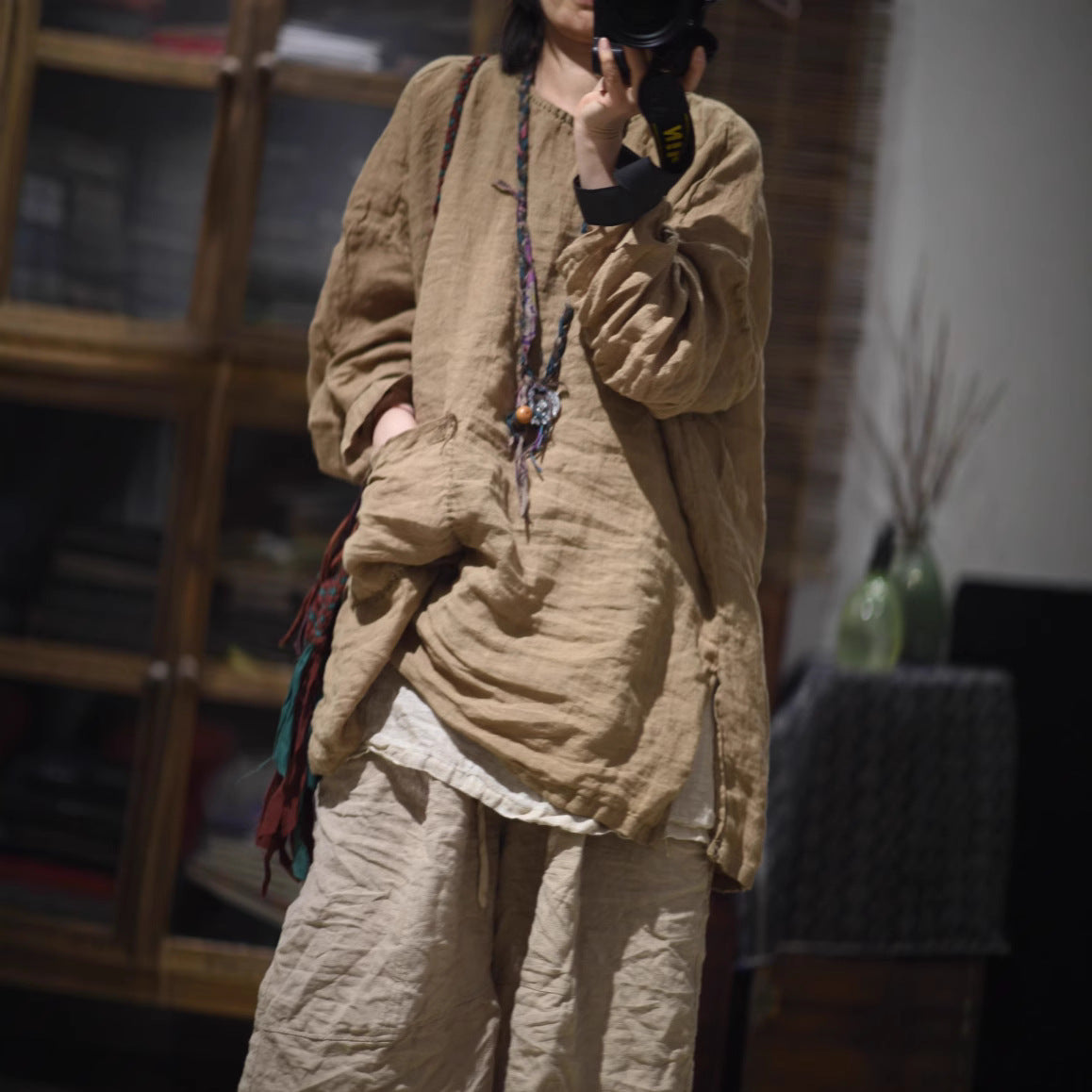 2025 25/2SN142 Flax hand-stitched pullover retro medium robe