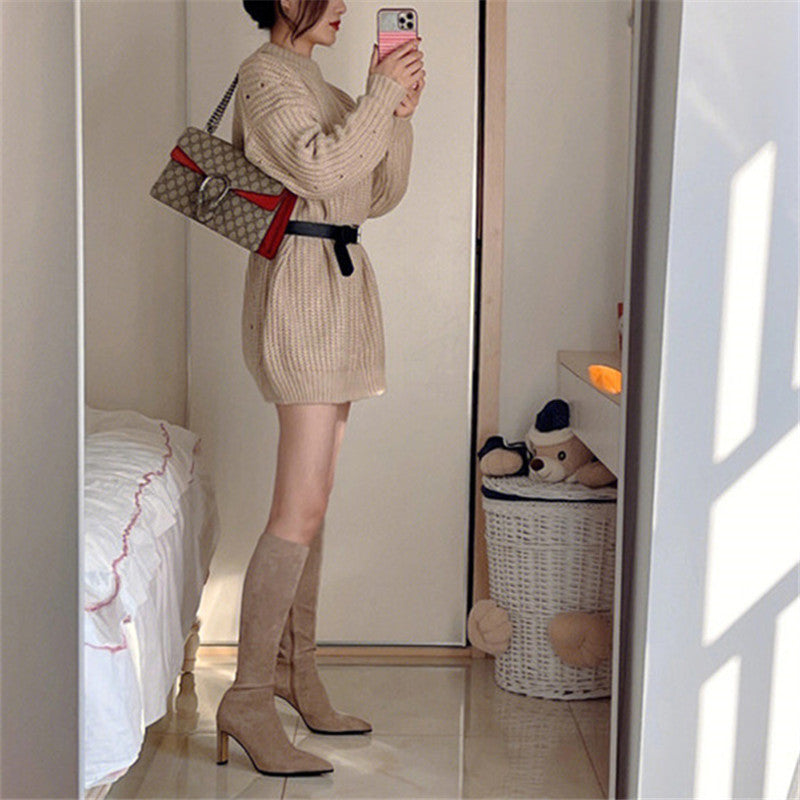 2025 High-heeled pointed boots children's autumn and winter popular new side zipper suede high elastic thin boots knight boots