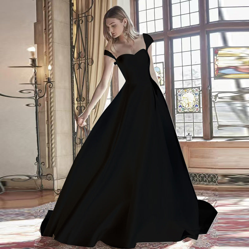 2025 retro light wedding dress new tube top one-word shoulder out yarn temperament satin white evening dress skirt women