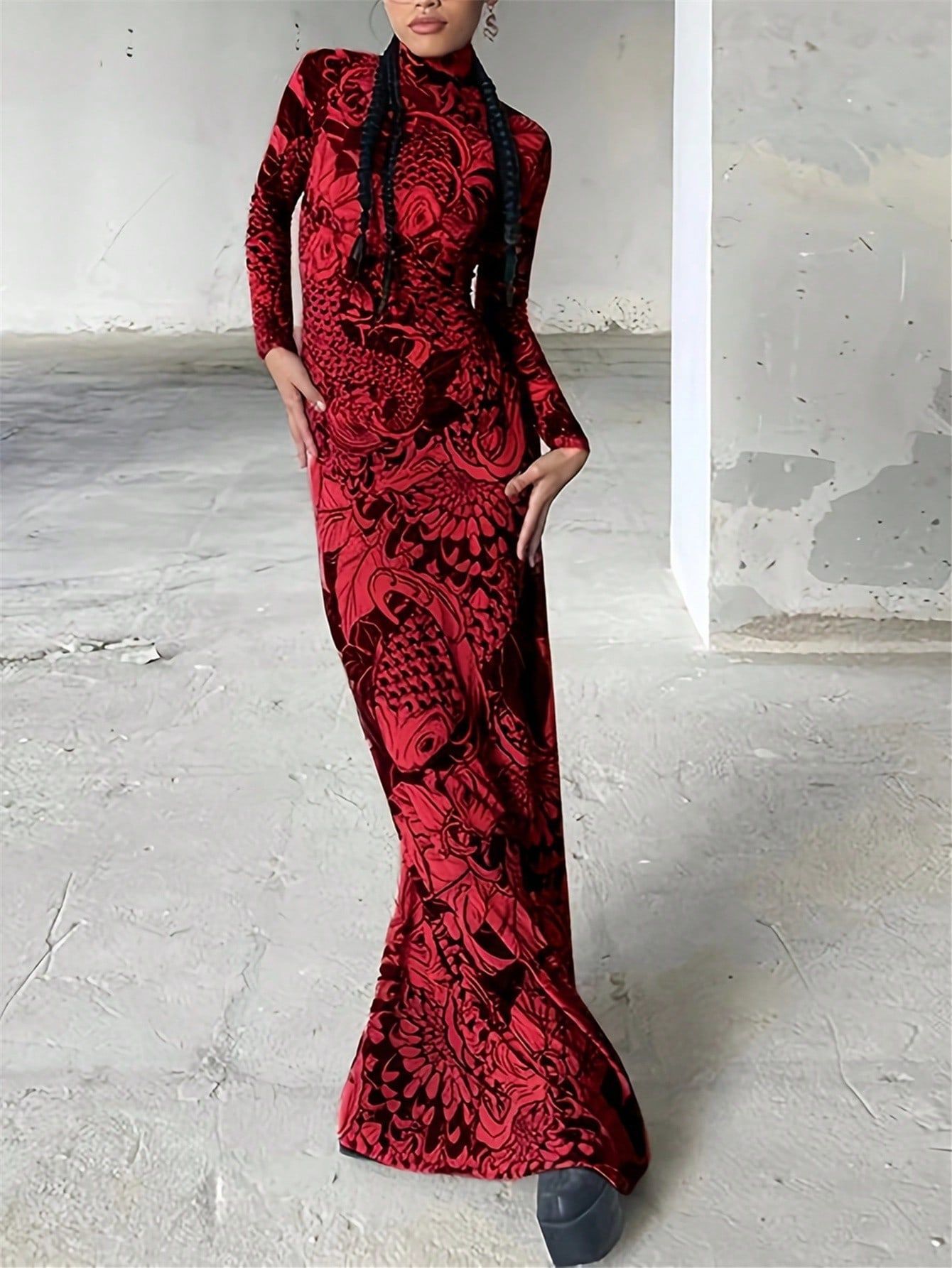 New women's clothing autumn new fashion mesh printing perspective turtleneck slim and thin dress women