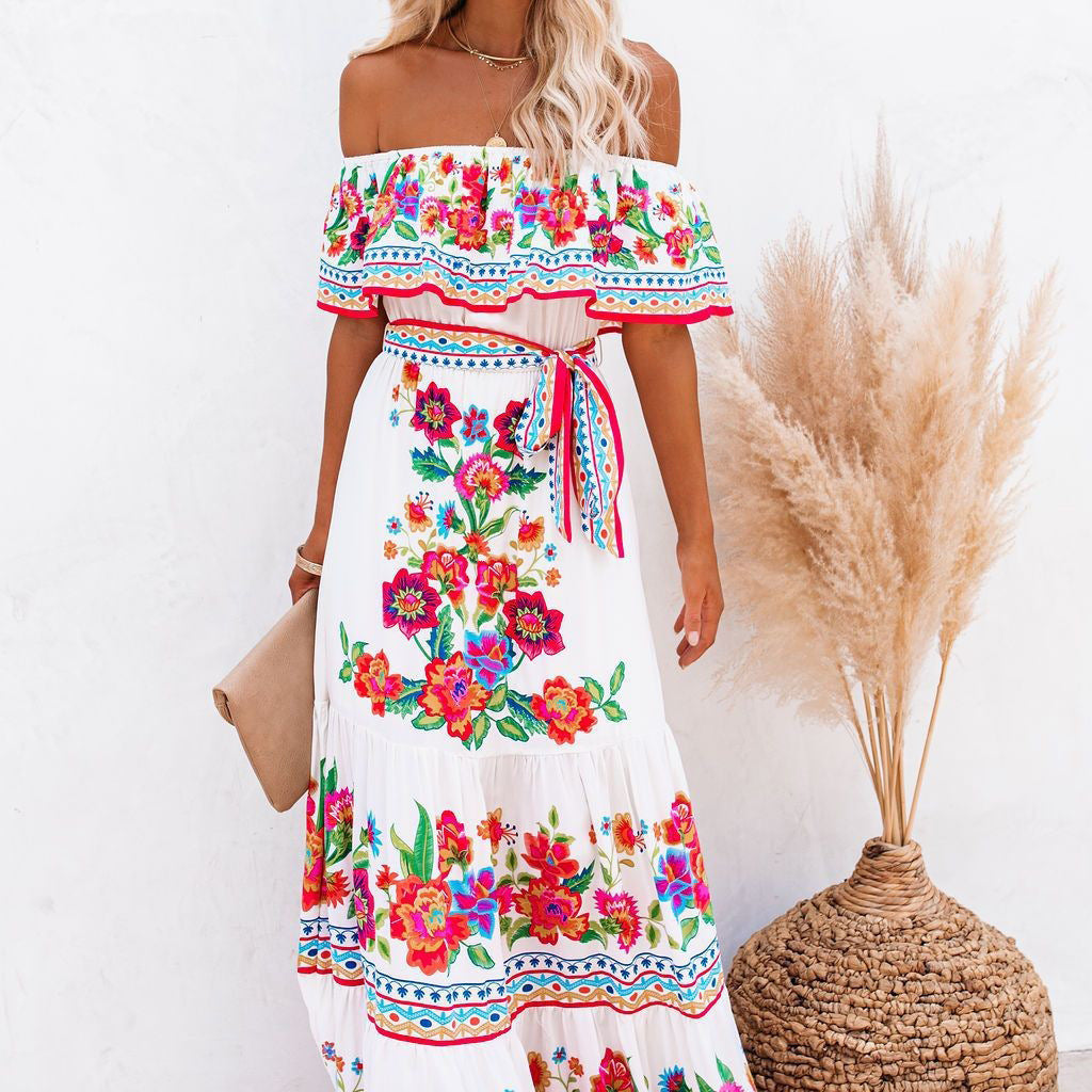 2023 New New Popularan, 2025n Spring and Summer Shoulder Safflower Printing Long Pendulum Dress Women