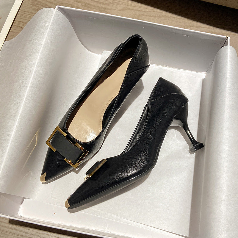 XIANGTUIBAO Pointed Toe Pumps Women's New Elegant Metal Buckle Fairy Shoes Fashion All-Match Stiletto Heel High Heels 33 Small Size Fashion
