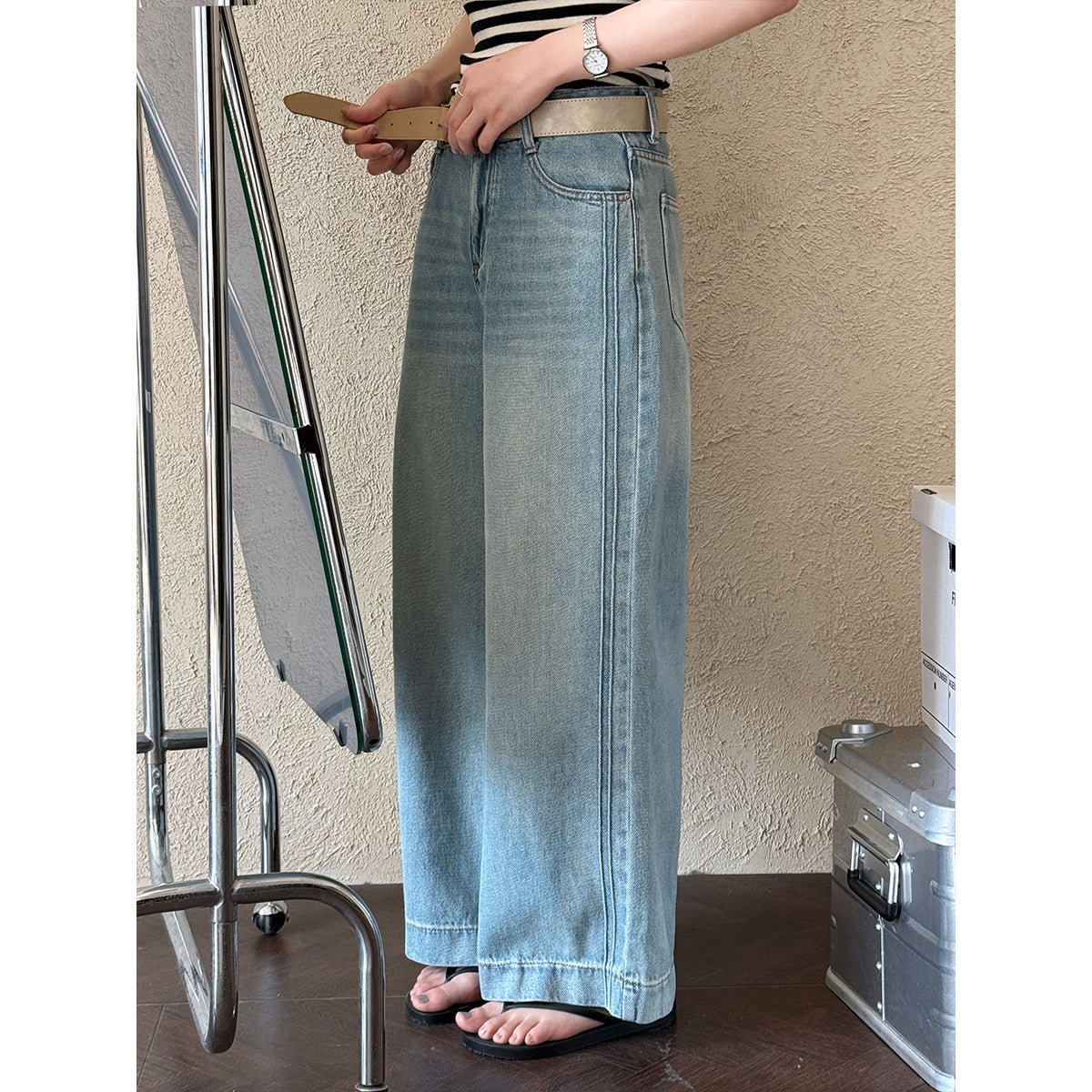 Luxi, Korean denim high-waisted and thin wide-leg pants women's spring new casual versatile classic straight-leg pants 68265