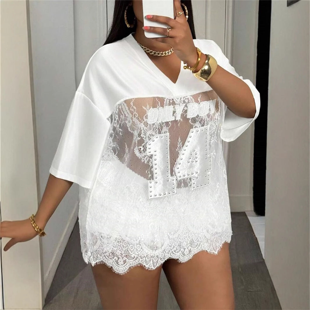 summer new women's clothing New Popular trade printing loose casual street perspective sexy lace splicing top