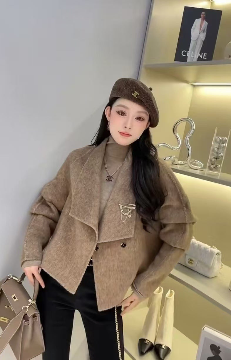 2025 Mulberry silk rabbit hair wool suit collar shoulder sleeve single-breasted double-sided wool coat woolen jacket to keep warm in autumn and winter
