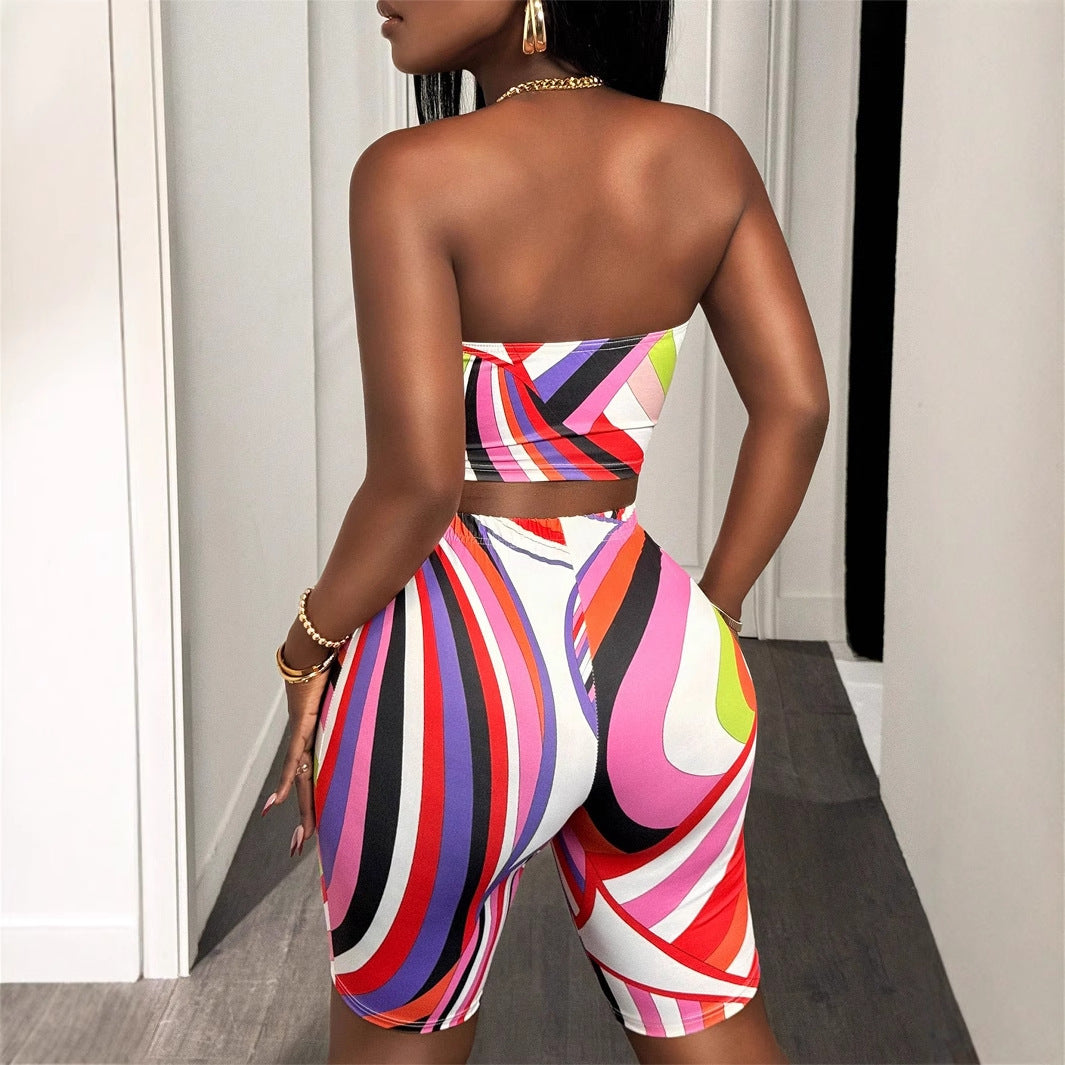 summer Popular trade New fashion contrasting color printing sexy tube top sleeveless top hip-wrapped short suit