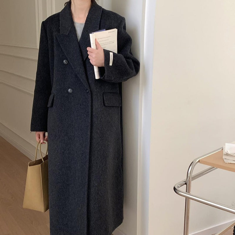 2025 Double-breasted flap Korean extended suit collar double-sided wool coat temperament popular autumn and winter woolen coat women
