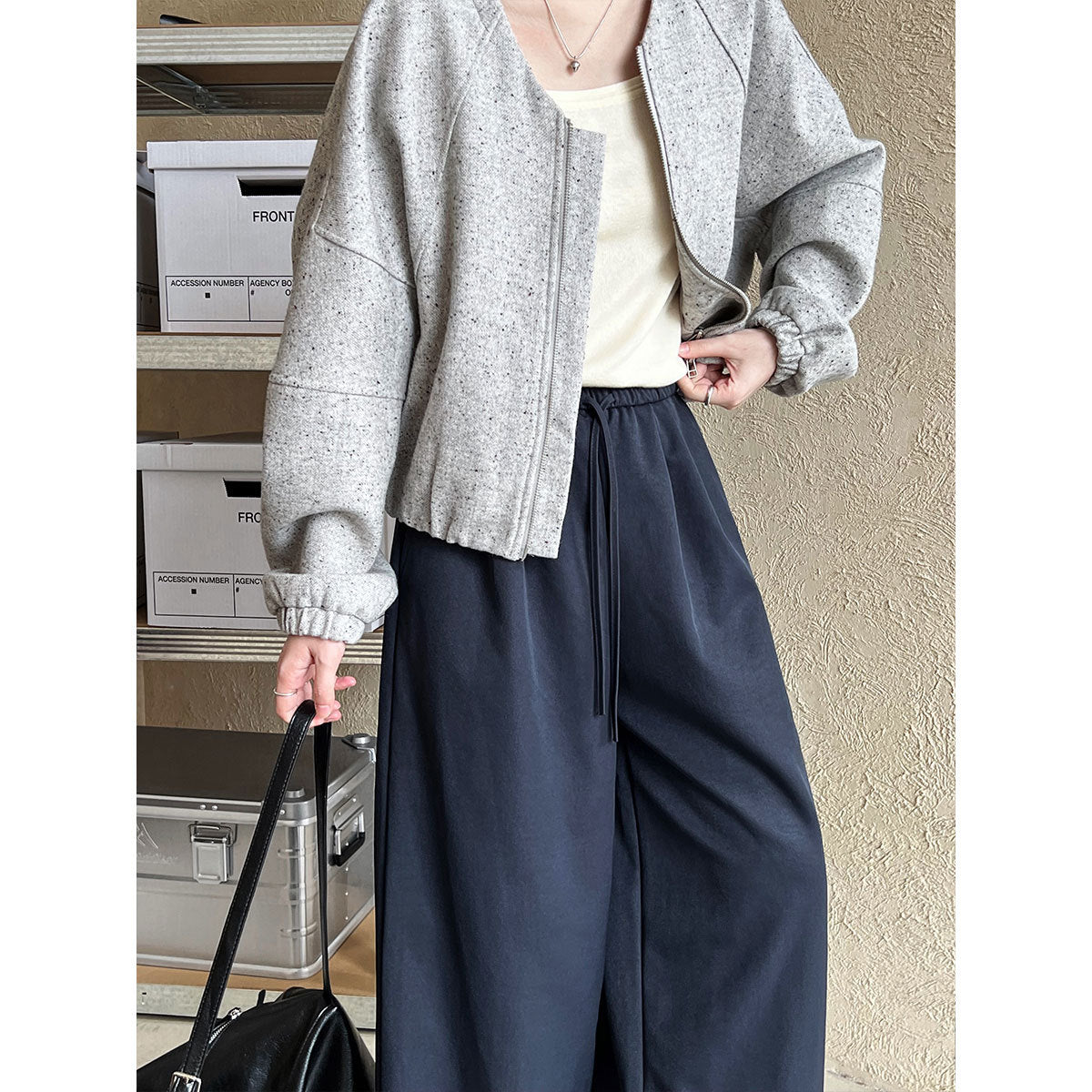 Luxi, simple drawstring big pants wide-leg pants women's popular autumn new elastic waist casual pants straight pants 1813