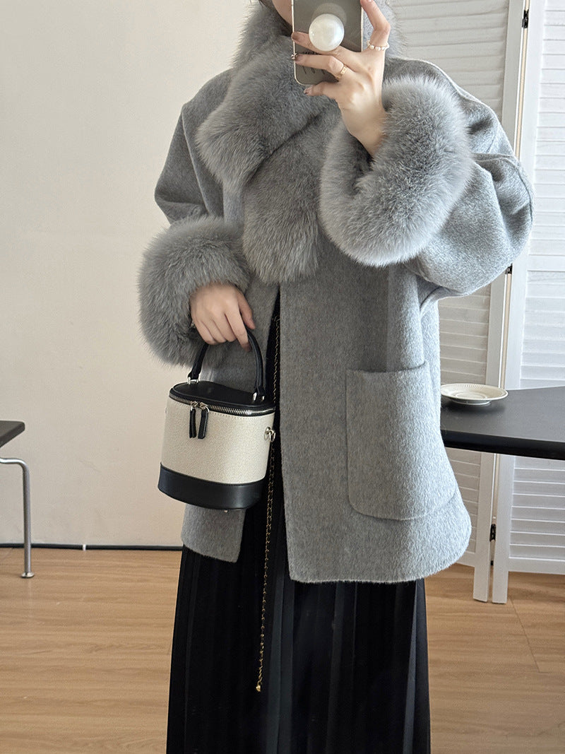 2025 Fox hair high-end temperament double-sided wool jacket woolen coat women's new autumn and winter Mao Mao new autumn and winter