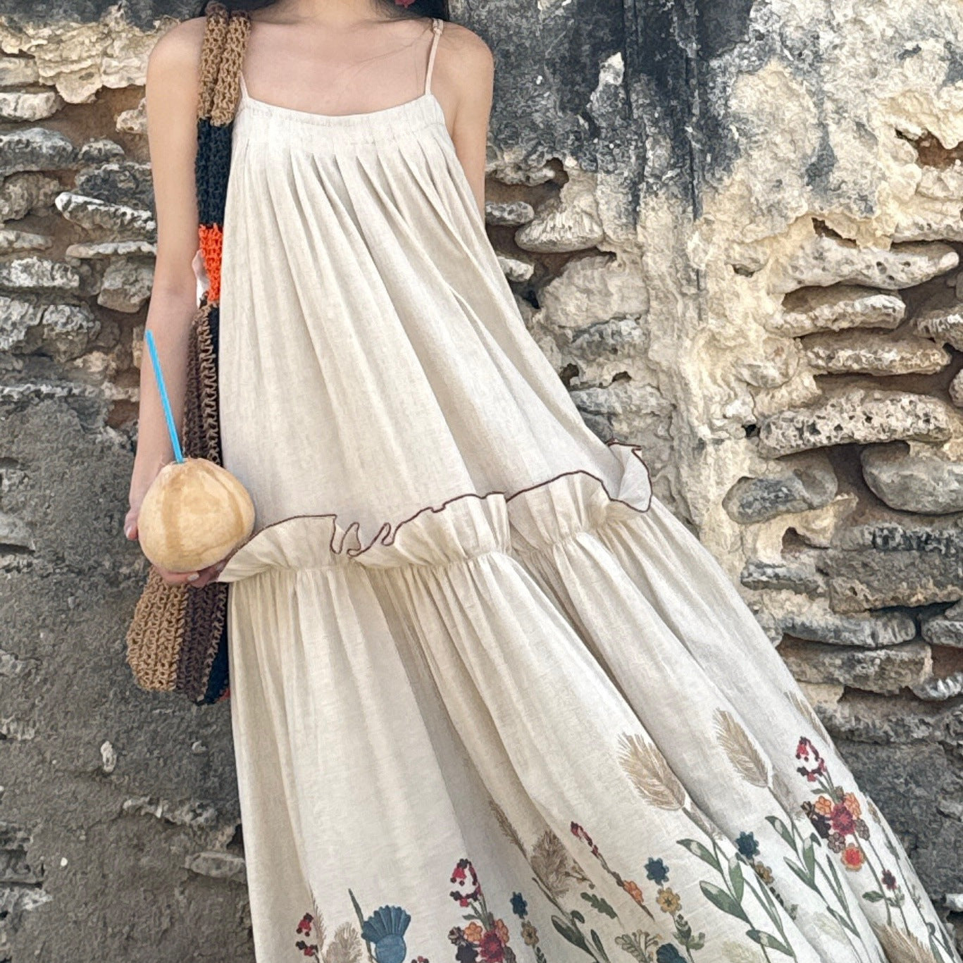 2025 Pure desire dopamine suspender dress women's summer new fungus edge print dress seaside vacation
