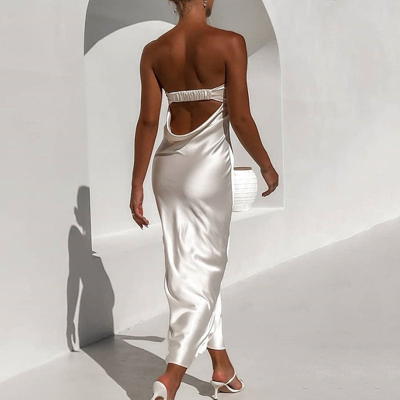 2025 style banquet evening dress pendant feeling Spice girl dress summer new solid color halter waist dress