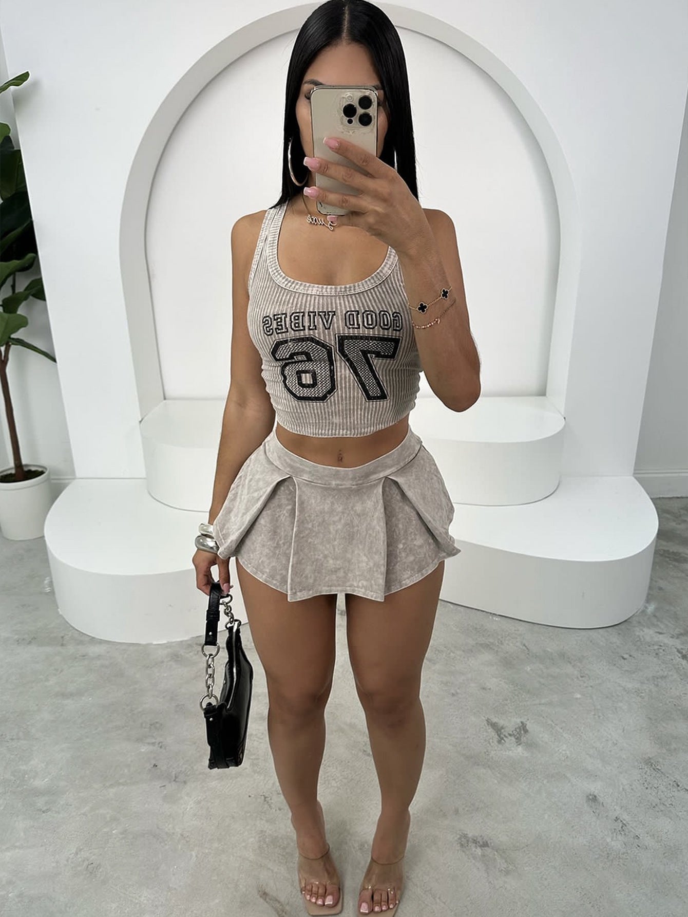Summer new New letter pit strip tight Spice Girl short vest top pleated skirt set