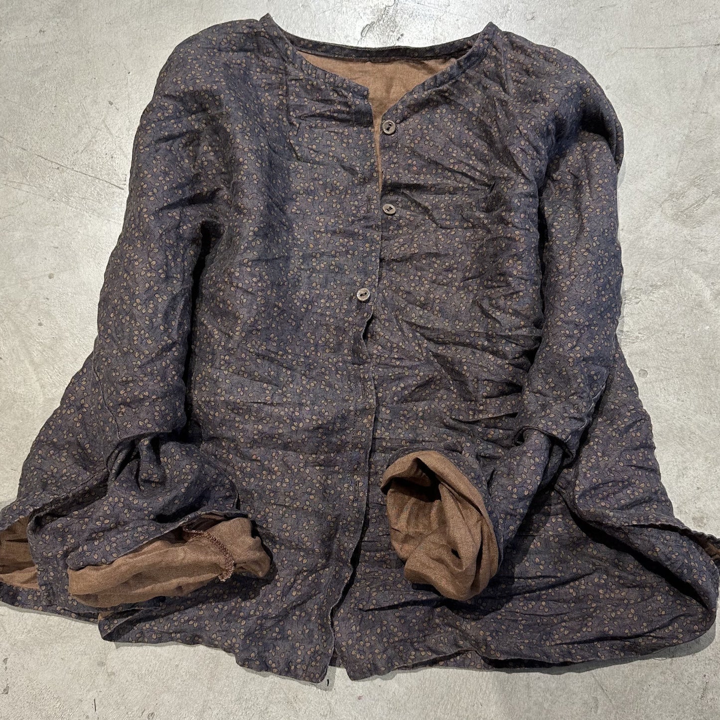 2025 23/8/Early Autumn/Early Autumn Literary Retro Linen Printed Cardigan Shoulder Crew Neck Shirt
