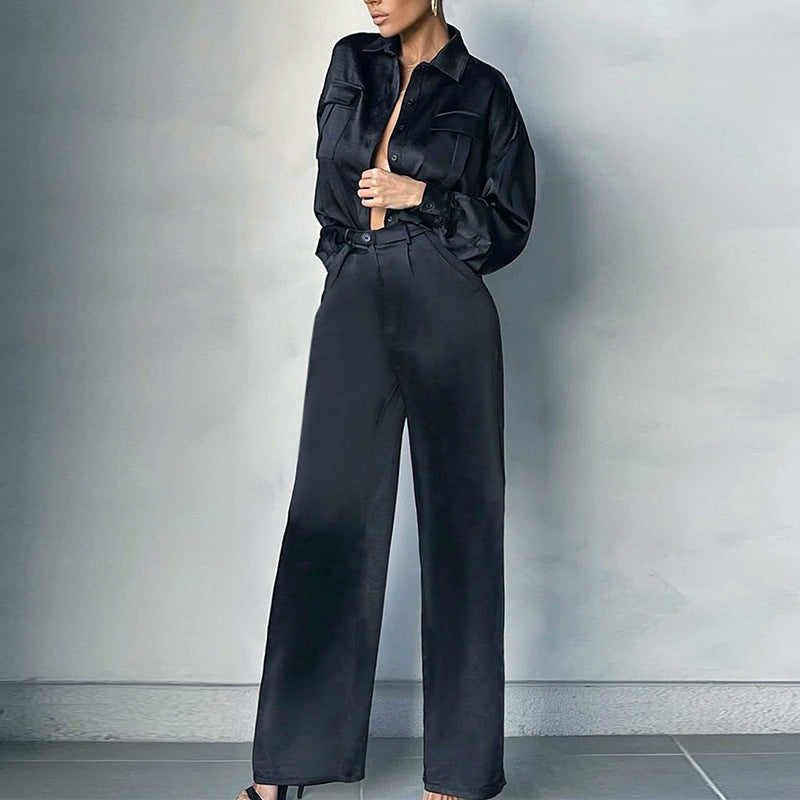 2025 new elegant light and mature wind loose two-piece set women's solid color button-down lapel top high-waisted straight pants set