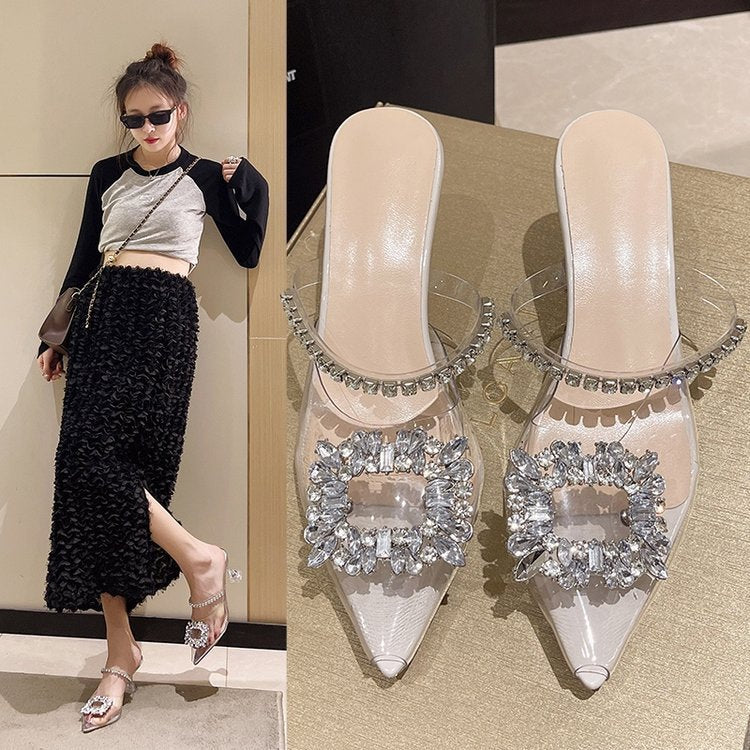 xiangtuibao Pointed Toe High Heel Fashion Outdoor Sandals Women's Summer New Korean Bag Rhinestone Ankle-Strap Stilettos Sandals