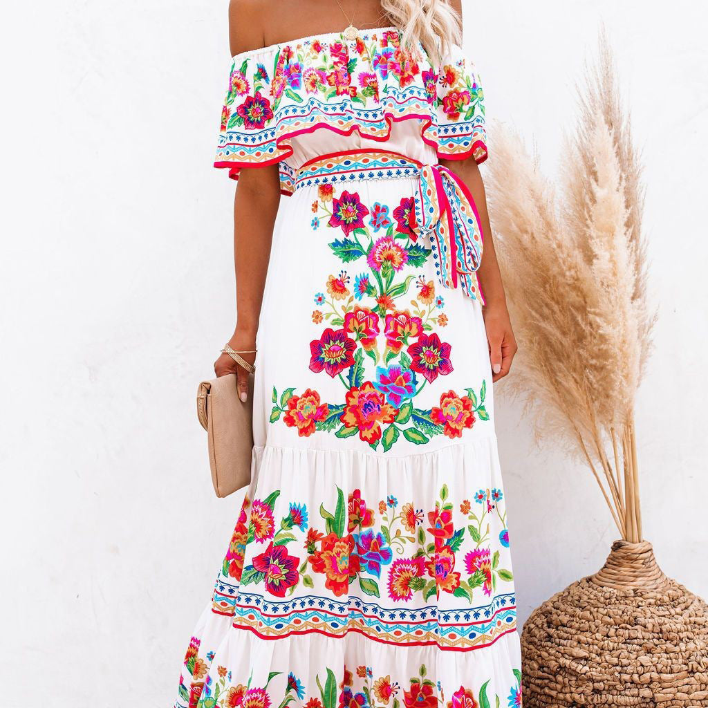 2023 New New Popularan, 2025n Spring and Summer Shoulder Safflower Printing Long Pendulum Dress Women