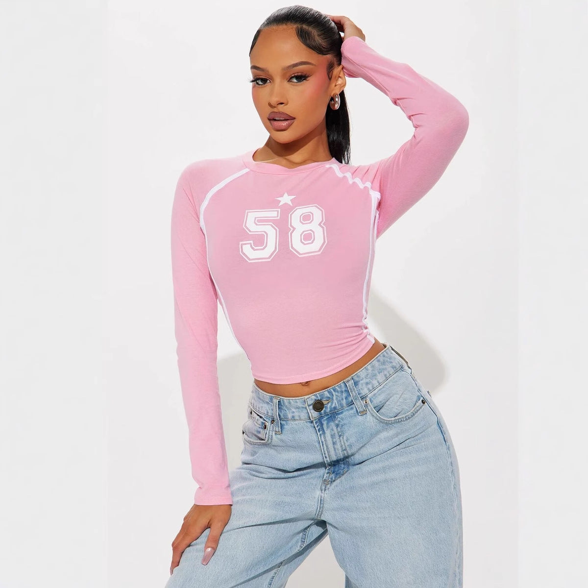 popular autumn new New street fashion sports elastic retro simple printing long-sleeved top women