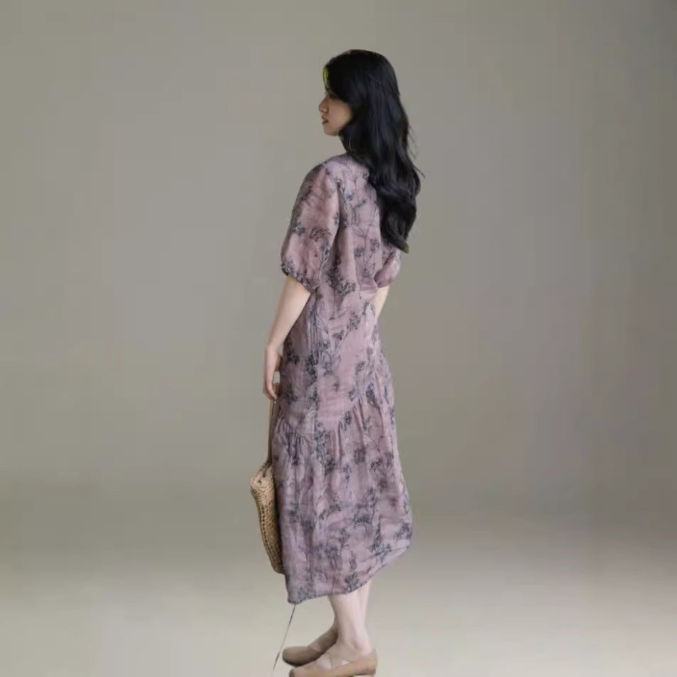 2025 spring and summer ramie ink skirt, printed diagonally divided pleated short-sleeved cotton and linen dress women A0665
