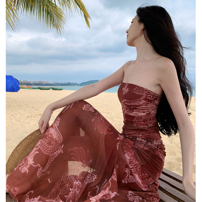 2025 New Chinese style red suspender dress women's summer sexy adult evening dress seaside vacation beach dress