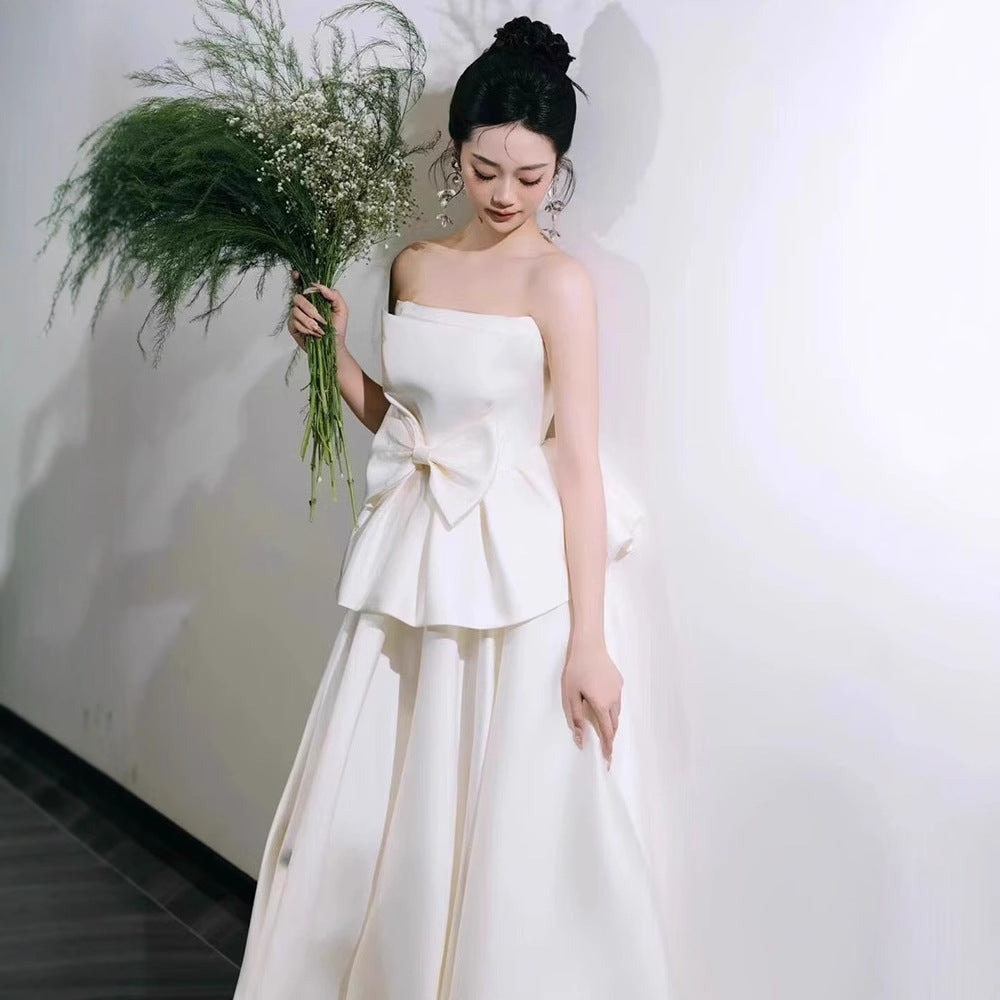 2025 tube top light wedding dress bride simple niche satin temperament go out yarn Mori bow engagement dress skirt